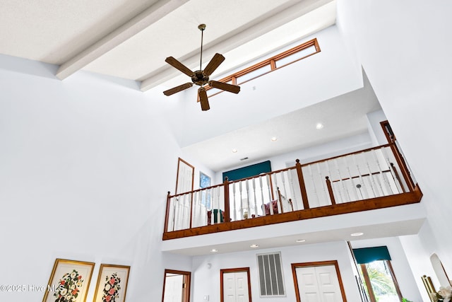 room details with ceiling fan, recessed lighting, visible vents, and beamed ceiling