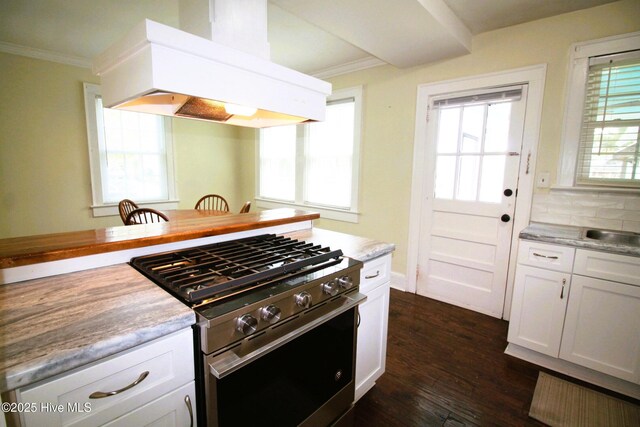kitchen featuring light countertops, stainless steel range with gas cooktop, ornamental molding, and range hood