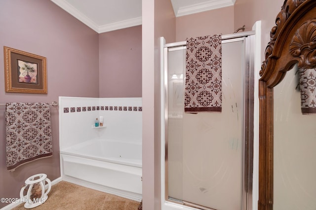 full bath featuring a bath, ornamental molding, and a shower stall