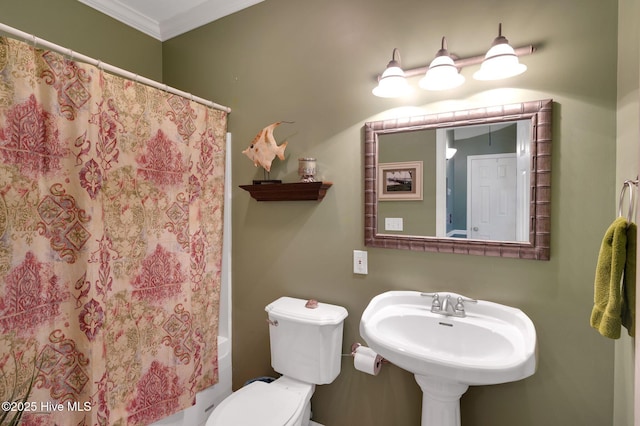 full bath featuring shower / tub combo, crown molding, toilet, and a sink