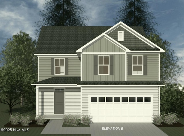 view of front of home featuring board and batten siding, an attached garage, driveway, and roof with shingles