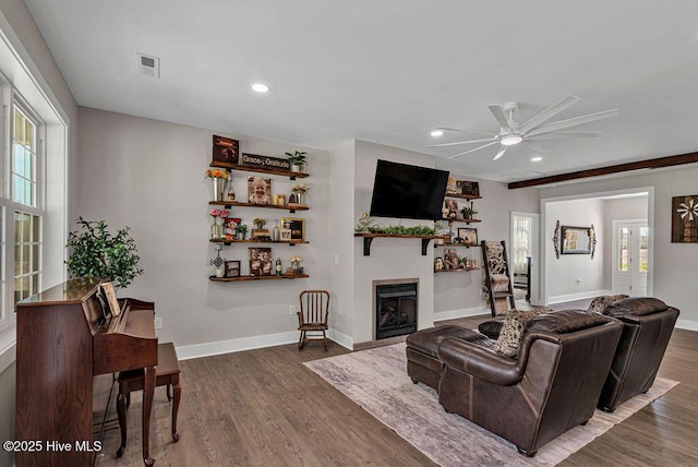 1560 White Oak River Rd, Maysville, NC 28555 - living room with a ceiling fan, wood finished floors, a fireplace, baseboards, and recessed lighting