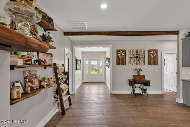 1560 White Oak River Rd, Maysville, NC 28555 - entryway featuring dark wood-style flooring, baseboards, beamed ceiling, and recessed lighting