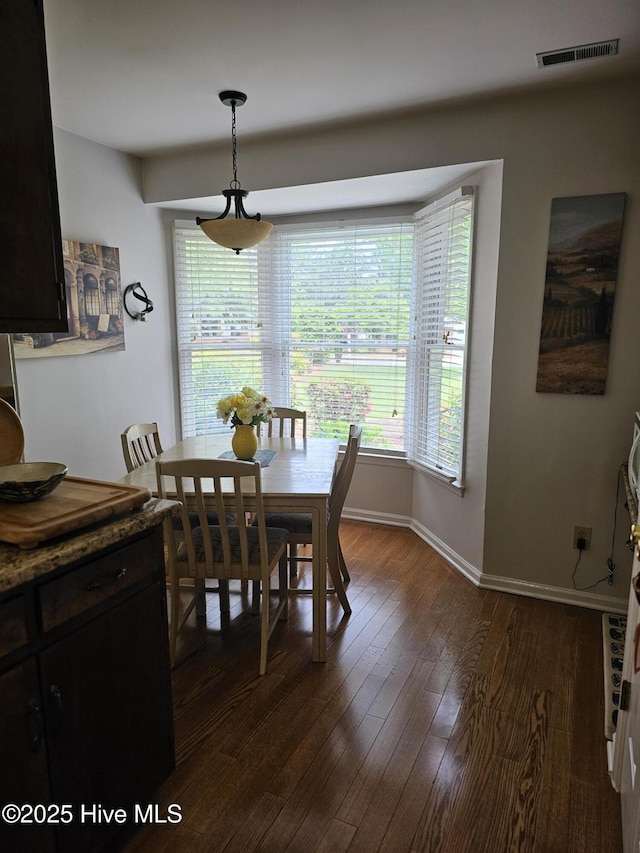 dining space featuring dark wood-style floors, baseboards, visible vents, and plenty of natural light