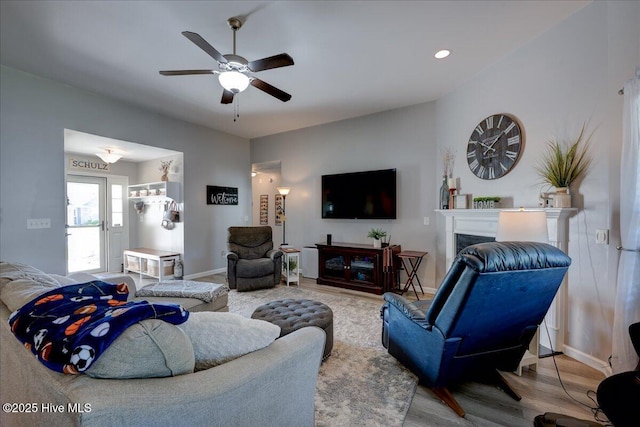 115 Kenmore Ct, New Bern, NC 28560 - living room with a ceiling fan, wood finished floors, a high end fireplace, baseboards, and recessed lighting