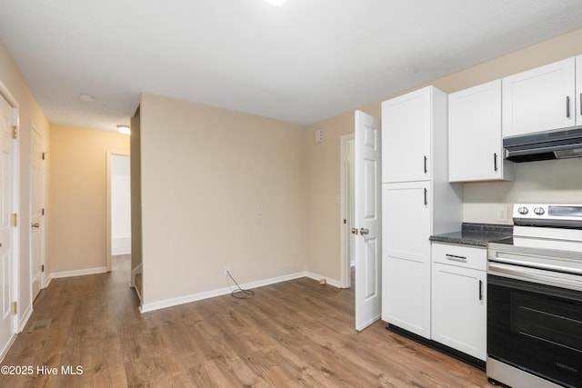 1507 Brookfield Rd, Rockingham, NC 28379 - kitchen with stainless steel electric stove, under cabinet range hood, light wood-style floors, and white cabinets