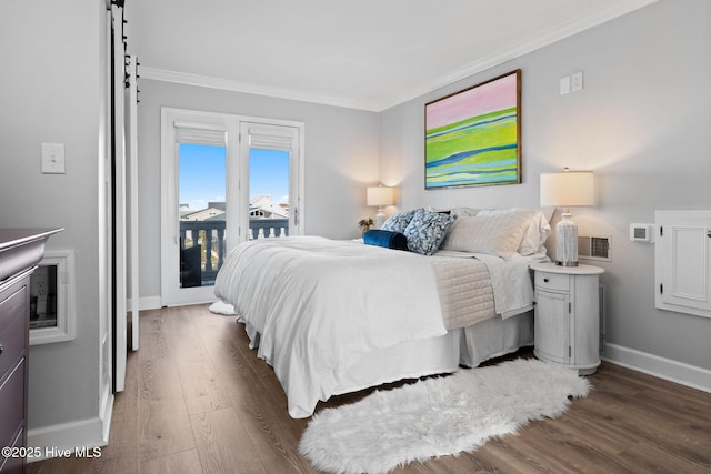 bedroom with visible vents, access to exterior, crown molding, and wood finished floors