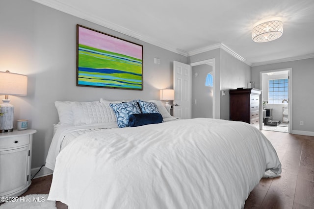 bedroom featuring baseboards, ornamental molding, and wood finished floors