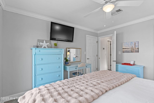 bedroom featuring ornamental molding, baseboards, a ceiling fan, and visible vents