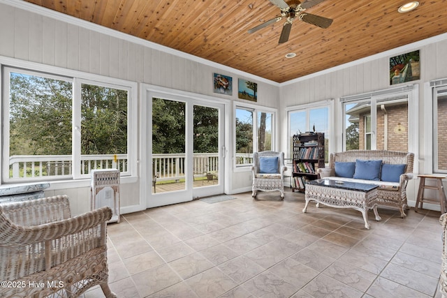 178 Edgewater Cir, Sunset Beach, NC 28468 - sunroom / solarium with crown molding, outdoor lounge area, a ceiling fan, and wood ceiling