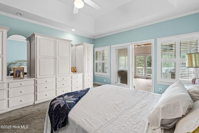 178 Edgewater Cir, Sunset Beach, NC 28468 - carpeted bedroom with access to outside, ornamental molding, and ceiling fan