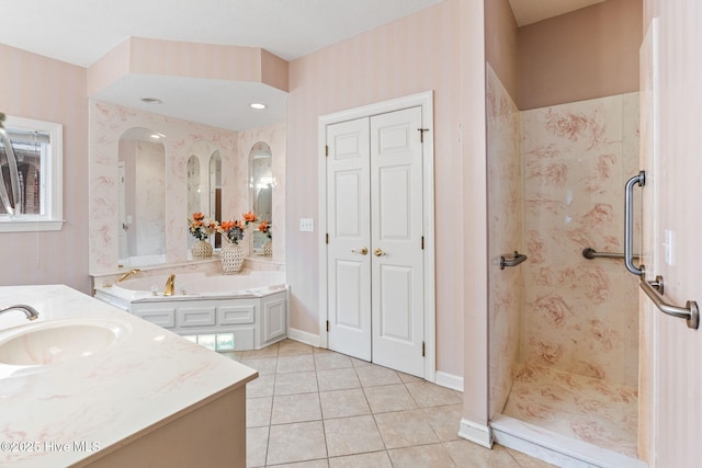 178 Edgewater Cir, Sunset Beach, NC 28468 - bathroom with a stall shower, vanity, baseboards, and tile patterned floors