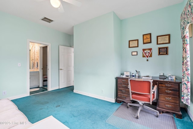 178 Edgewater Cir, Sunset Beach, NC 28468 - office area featuring ceiling fan, baseboards, carpet, and visible vents