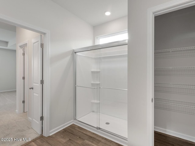 113 Legare St Lot 254, Wilmington, NC 28411 - bathroom featuring a shower stall, wood finished floors, and recessed lighting