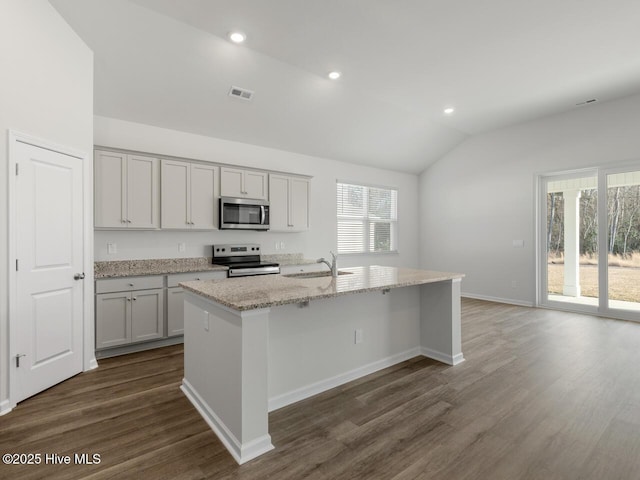 113 Legare St Lot 254, Wilmington, NC 28411 - kitchen with appliances with stainless steel finishes, lofted ceiling, dark wood-type flooring, a center island with sink, and light stone counters
