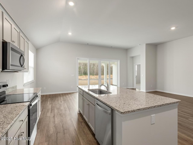 113 Legare St Lot 254, Wilmington, NC 28411 - kitchen with stainless steel appliances, dark wood-style flooring, recessed lighting, a kitchen island with sink, and gray cabinetry
