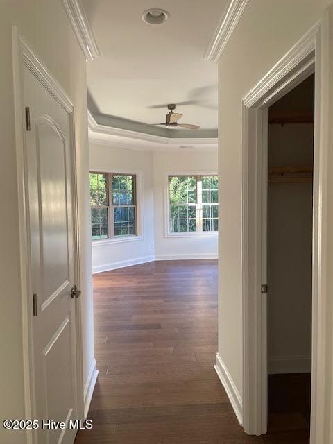 hallway featuring crown molding, a tray ceiling, dark wood finished floors, baseboards, and recessed lighting