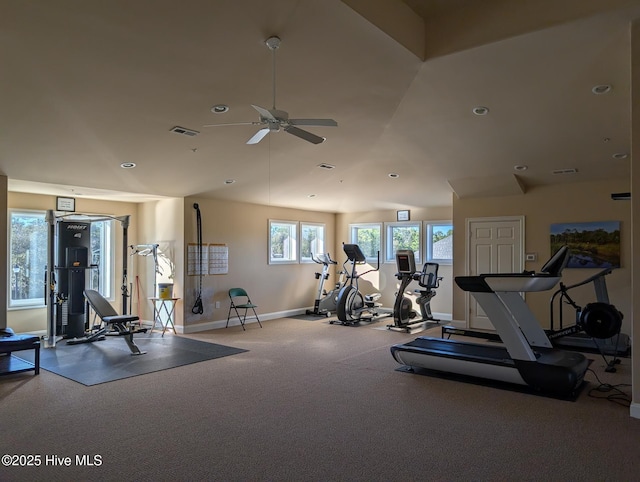 exercise room with recessed lighting, visible vents, baseboards, and ceiling fan