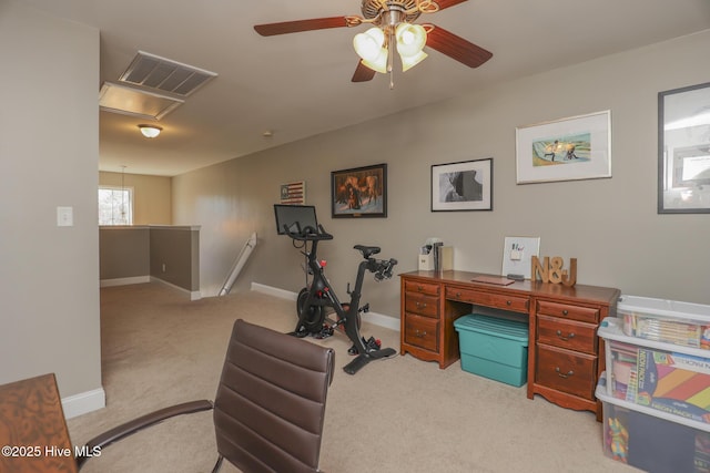 202 Peggys Trce, Sneads Ferry, NC 28460 - office with carpet flooring, attic access, baseboards, visible vents, and ceiling fan