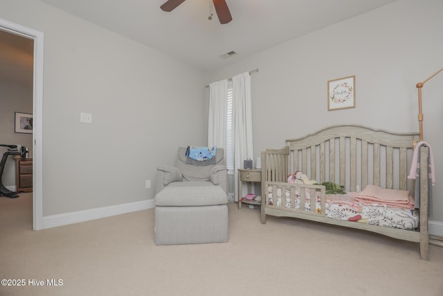 202 Peggys Trce, Sneads Ferry, NC 28460 - carpeted bedroom featuring baseboards, visible vents, and a ceiling fan