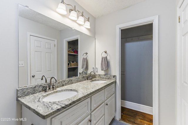 bathroom with baseboards, wood finished floors, a sink, and double vanity