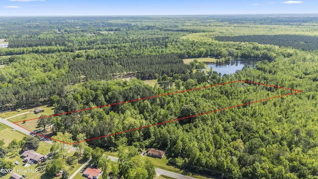 drone / aerial view featuring a view of trees and a water view