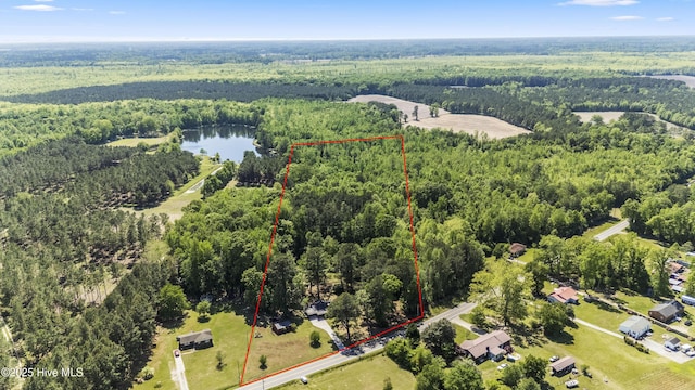 drone / aerial view featuring a forest view and a water view