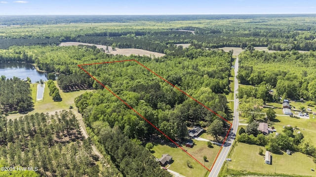 drone / aerial view featuring a forest view and a water view