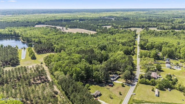 bird's eye view featuring a view of trees and a water view