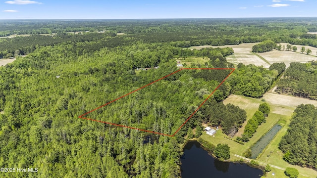 birds eye view of property featuring a wooded view and a water view