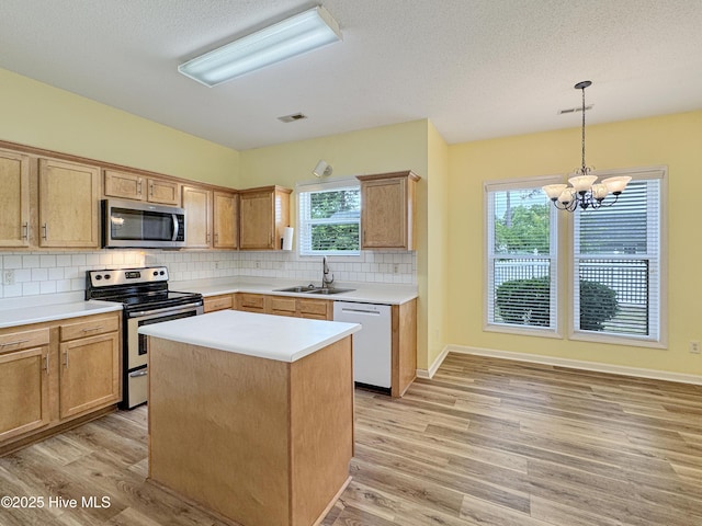 kitchen featuring appliances with stainless steel finishes, a sink, light wood finished floors, tasteful backsplash, and a textured ceiling