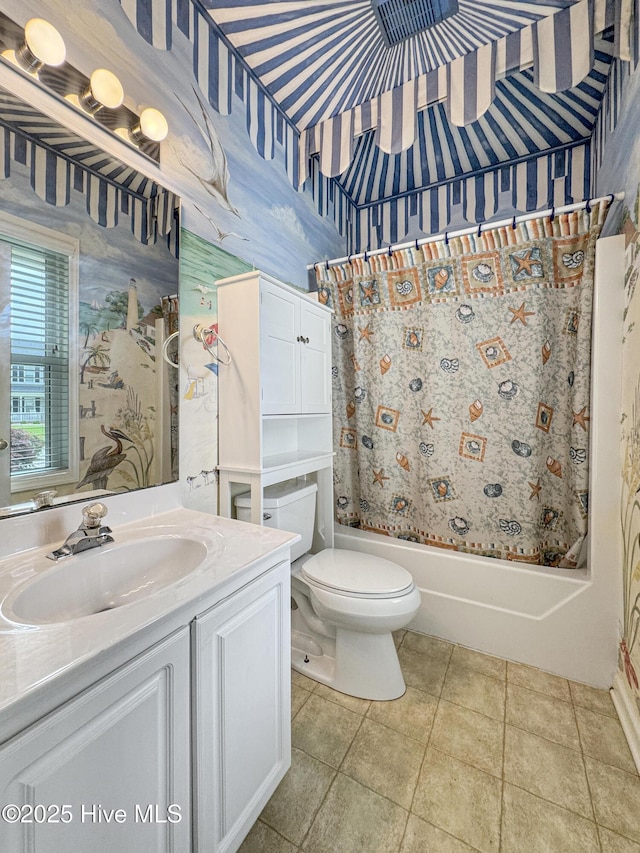 full bath featuring wallpapered walls, toilet, vanity, and shower / bath combo with shower curtain