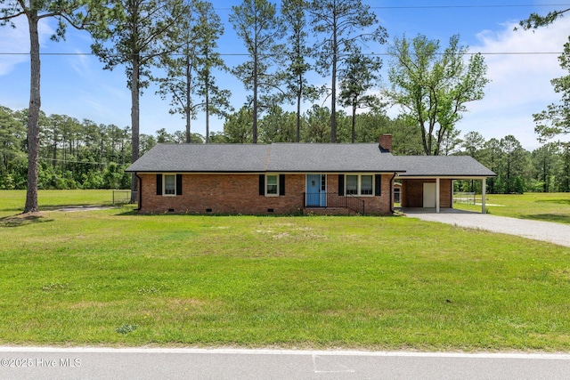 1450 State Camp Rd, Vanceboro, NC 28586 - ranch-style house with crawl space, driveway, a carport, brick siding, and a chimney