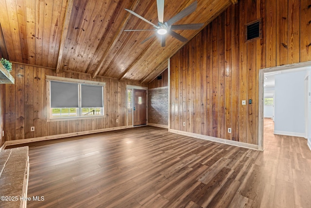 1450 State Camp Rd, Vanceboro, NC 28586 - unfurnished living room with wooden ceiling, ceiling fan, vaulted ceiling, wood walls, and wood finished floors