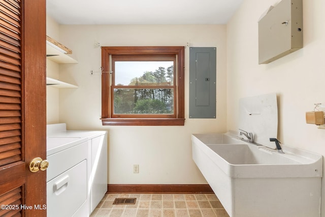 washroom featuring laundry area, baseboards, visible vents, washer and clothes dryer, and electric panel