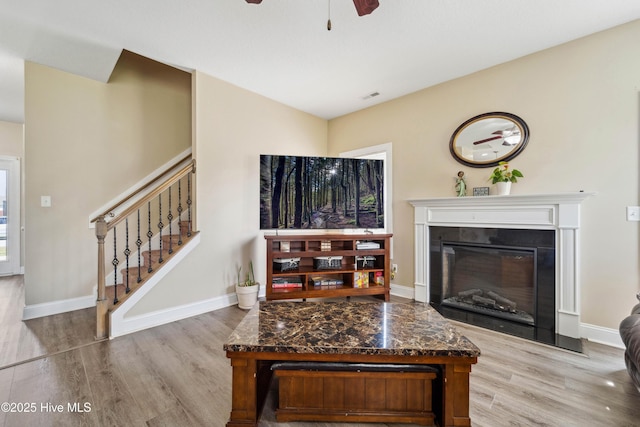 313 March Sea Ln, Jacksonville, NC 28546 - living area with wood finished floors, ceiling fan, stairway, and a glass covered fireplace