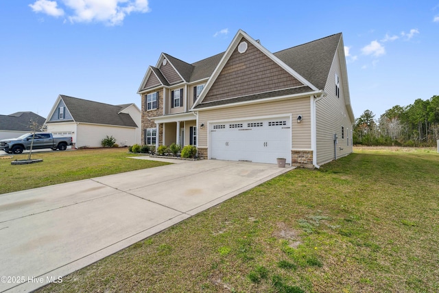 313 March Sea Ln, Jacksonville, NC 28546 - craftsman inspired home featuring stone siding, driveway, a front yard, and a garage