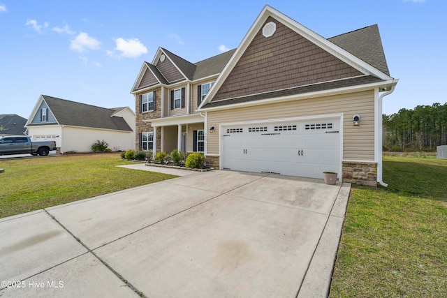313 March Sea Ln, Jacksonville, NC 28546 - craftsman inspired home with stone siding, concrete driveway, a front lawn, and a garage