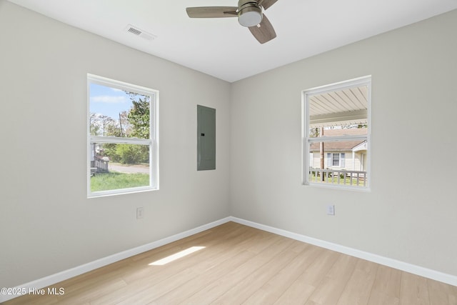 810 Morgan St, Elizabeth City, NC 27909 - spare room featuring light wood-style flooring, baseboards, visible vents, a ceiling fan, and electric panel