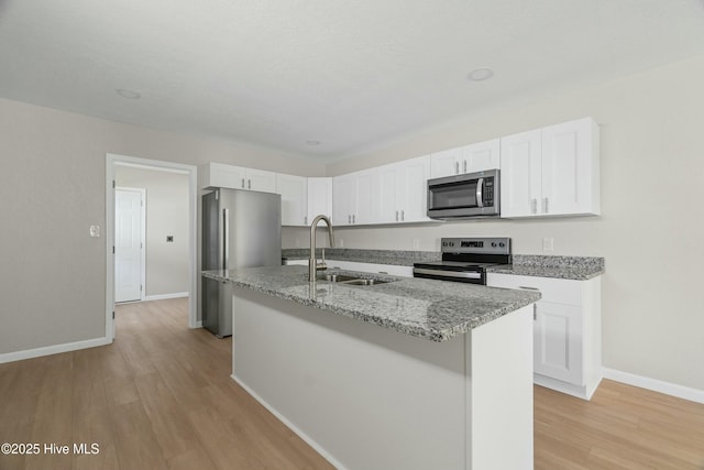 810 Morgan St, Elizabeth City, NC 27909 - kitchen featuring white cabinets, appliances with stainless steel finishes, an island with sink, a sink, and light wood-type flooring