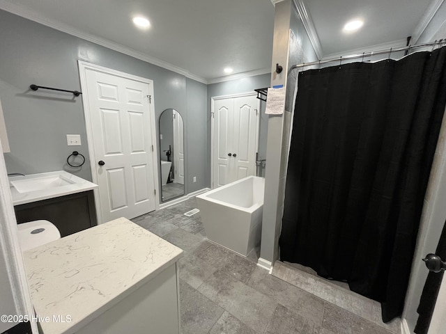 full bathroom with vanity, a tub, recessed lighting, a shower with curtain, and ornamental molding