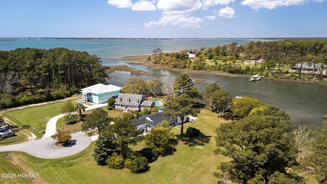 drone / aerial view featuring a water view