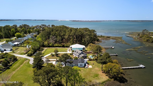 bird's eye view with a water view