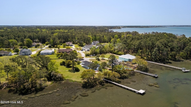 birds eye view of property featuring a view of trees and a water view