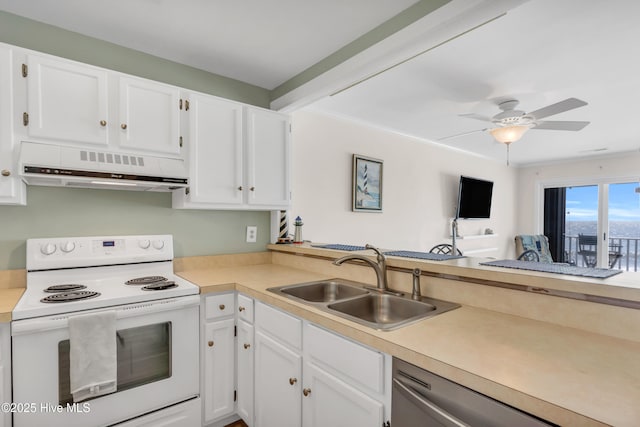 1437 Fort Fisher Blvd S Unit C2, Kure Beach, NC 28449 - kitchen featuring light countertops, white electric range oven, exhaust hood, stainless steel dishwasher, and a sink