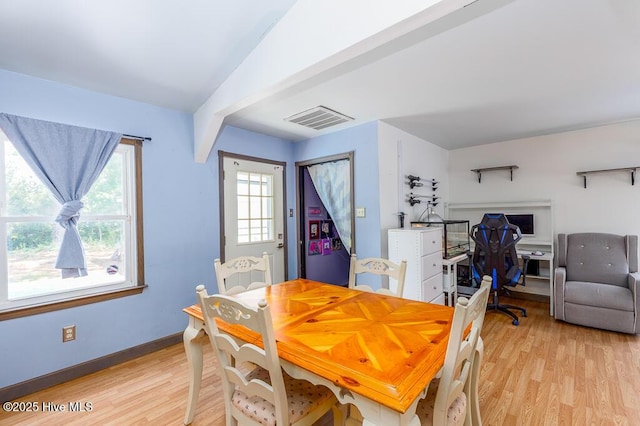 dining room with baseboards, visible vents, and light wood-style floors