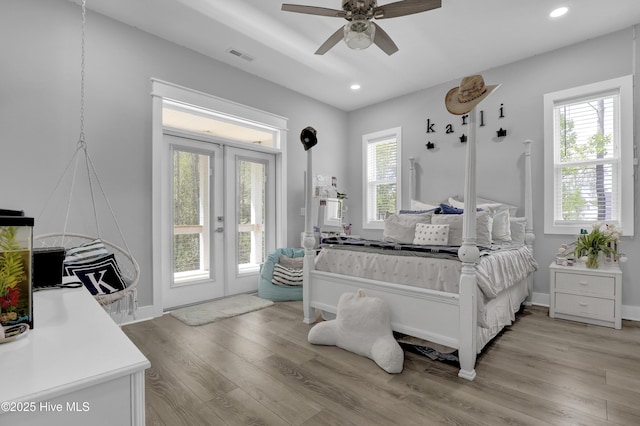 732 Avila Ave, Hampstead, NC 28443 - bedroom featuring access to outside, light wood-type flooring, recessed lighting, baseboards, and ceiling fan
