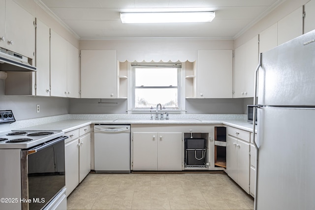 kitchen with light countertops, white appliances, under cabinet range hood, white cabinetry, and open shelves