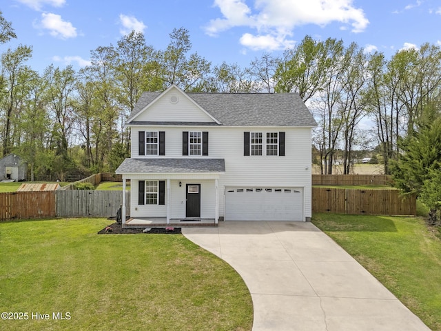 traditional home featuring concrete driveway, a shingled roof, fence, and a front lawn