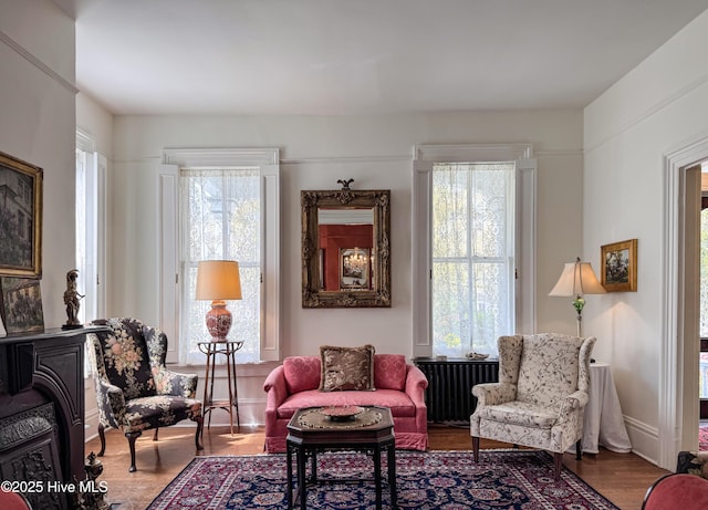 living area with plenty of natural light, wood finished floors, a wood stove, and radiator